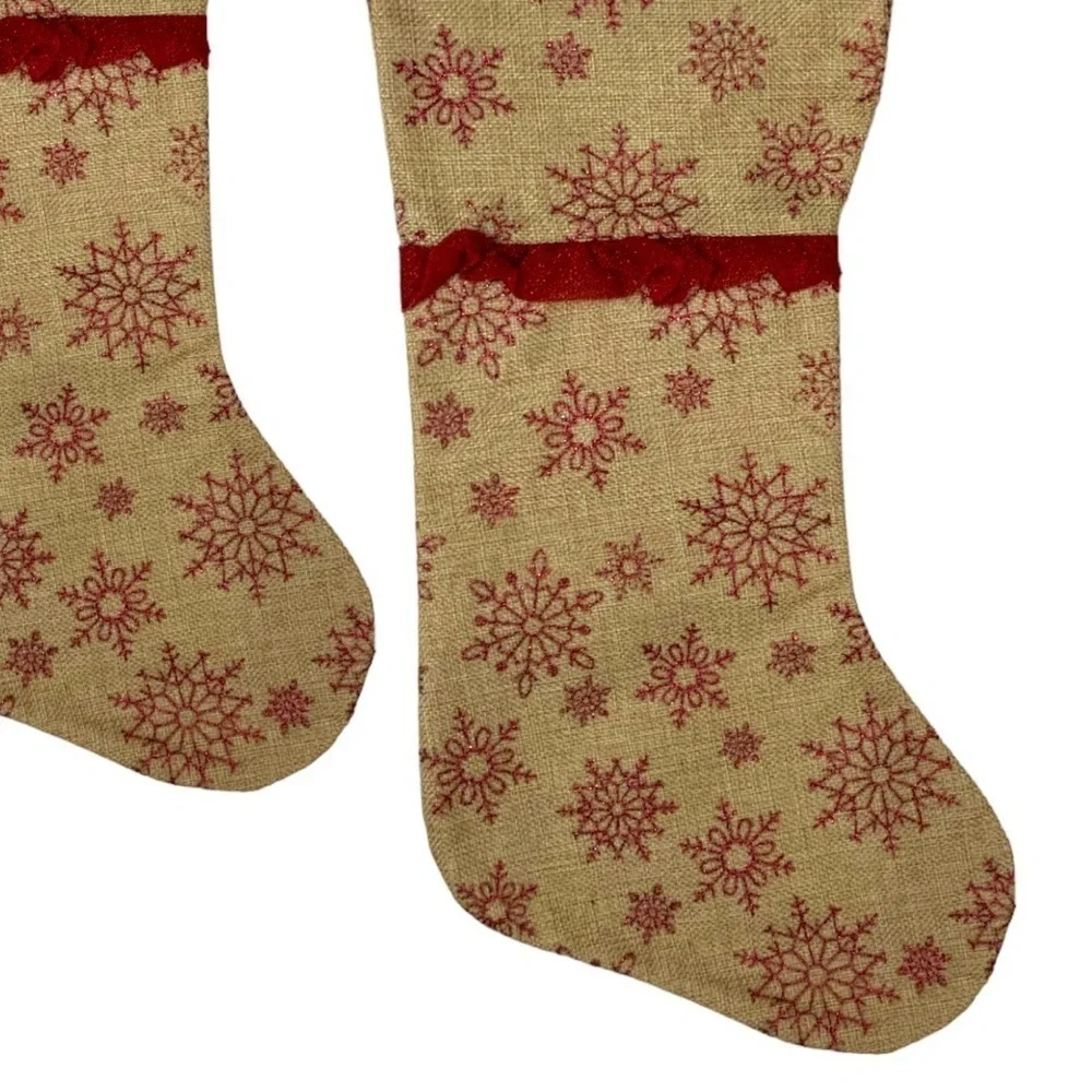 Christmas Stockings Burlap Snowflakes Ruffle Subtle Glitter Set of 2 Brown Red